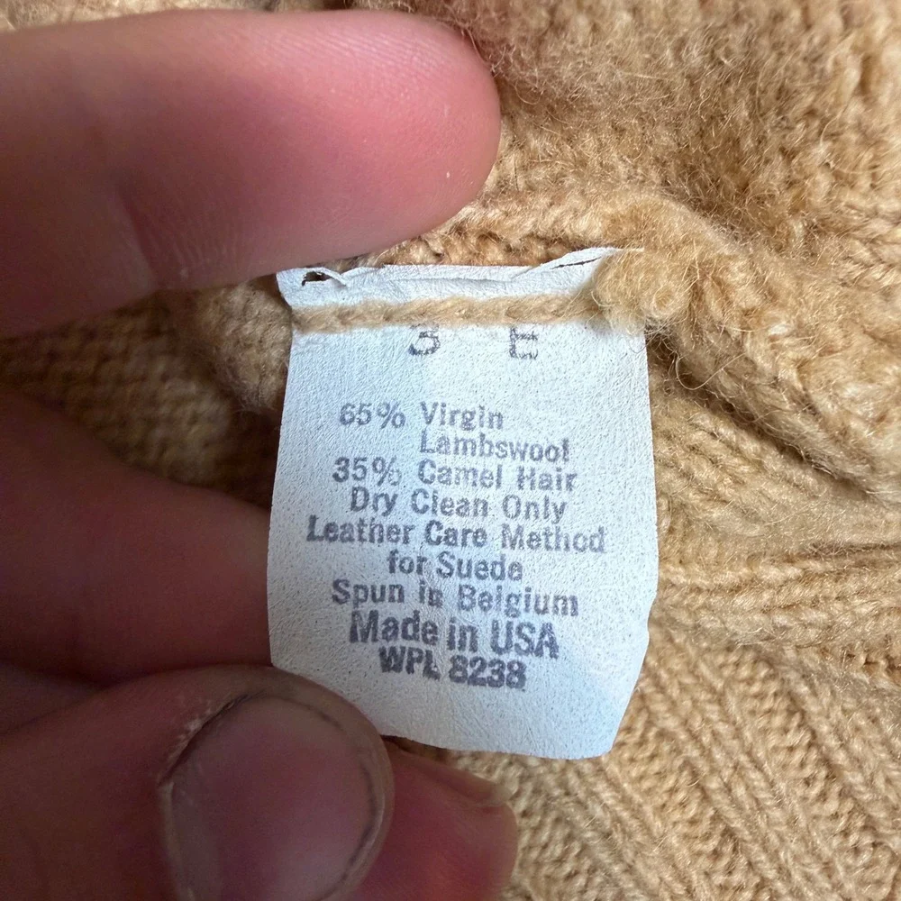 Vintage LL Bean Camel Hair Lambswool Cardigan Suede Elbow Patches Tan Mens L USA